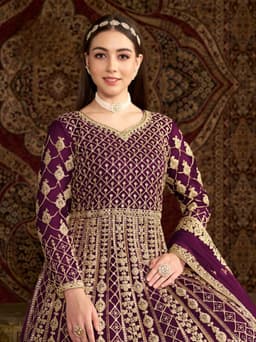 Purple Net Anarkali Suit with Heavy Gold Embroidery & Dupatta