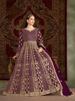 Purple Net Anarkali Suit with Heavy Gold Embroidery & Dupatta