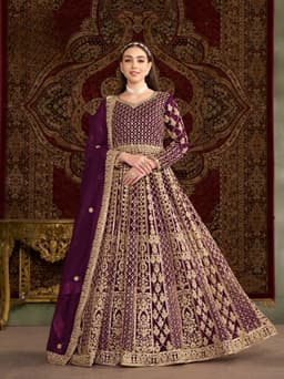 Purple Net Anarkali Suit with Heavy Gold Embroidery & Dupatta