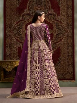 Purple Net Anarkali Suit with Heavy Gold Embroidery & Dupatta