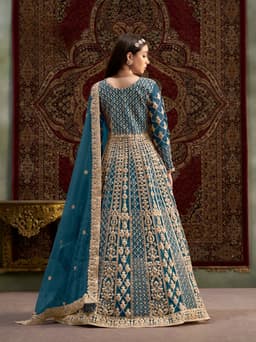 Teal Net Anarkali Suit with Traditional Gold Zari Work