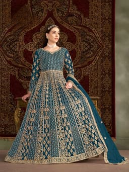 Teal Net Anarkali Suit with Traditional Gold Zari Work