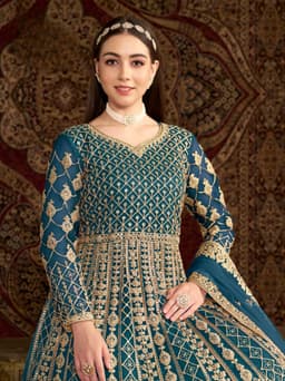 Teal Net Anarkali Suit with Traditional Gold Zari Work