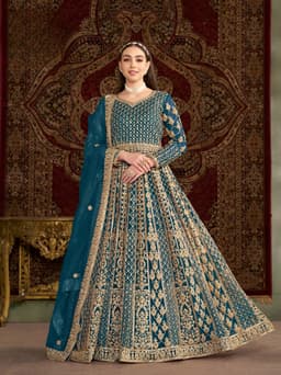 Teal Net Anarkali Suit with Traditional Gold Zari Work