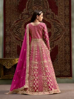 Magenta Net Anarkali Suit with Intricate Gold Embroidery