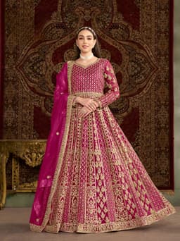 Magenta Net Anarkali Suit with Intricate Gold Embroidery