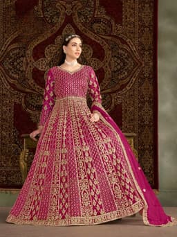 Magenta Net Anarkali Suit with Intricate Gold Embroidery