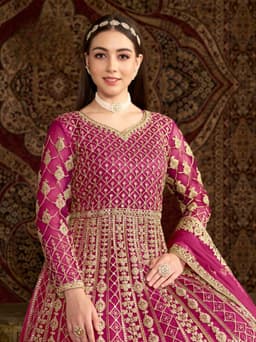 Magenta Net Anarkali Suit with Intricate Gold Embroidery