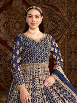 Navy Blue Net Anarkali Suit with Royal Gold Embroidery