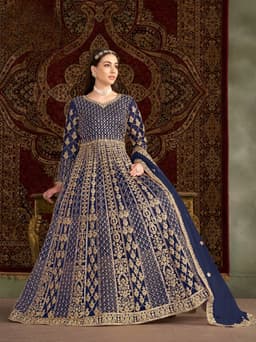 Navy Blue Net Anarkali Suit with Royal Gold Embroidery
