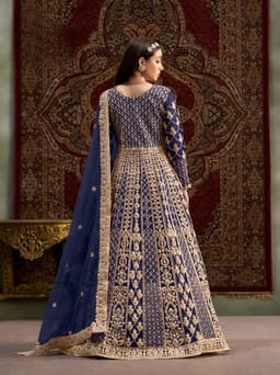 Navy Blue Net Anarkali Suit with Royal Gold Embroidery