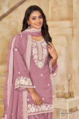 Mauve Roman Silk Embroidered Salwar Suit with Organza Dupatta