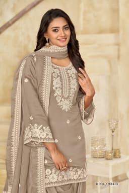 Taupe Roman Silk Embroidered Salwar Suit with Soft Organza Dupatta