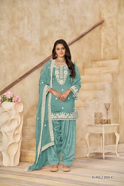 Teal Roman Silk Embroidered Patiala Suit with Organza Dupatta