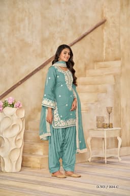 Teal Roman Silk Embroidered Patiala Suit with Organza Dupatta
