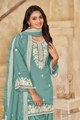 Teal Roman Silk Embroidered Patiala Suit with Organza Dupatta