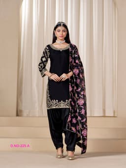 Black Embroidered Punjabi Suit with Floral Printed Dupatta