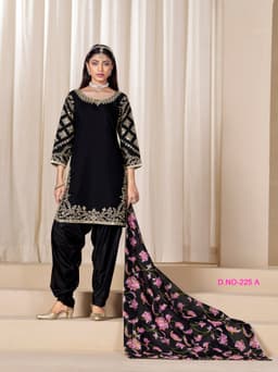Black Embroidered Punjabi Suit with Floral Printed Dupatta