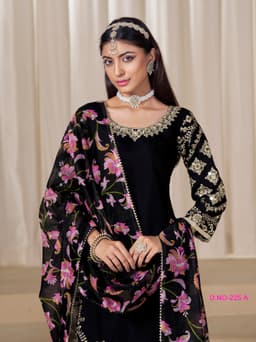 Black Embroidered Punjabi Suit with Floral Printed Dupatta