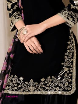 Black Embroidered Punjabi Suit with Floral Printed Dupatta