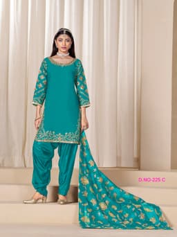Teal Green Embroidered Punjabi Suit with Botanical Printed Dupatta