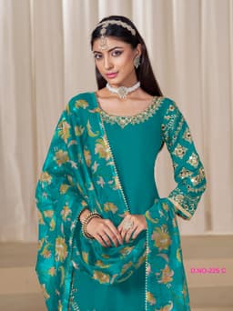 Teal Green Embroidered Punjabi Suit with Botanical Printed Dupatta
