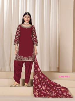 Wine Maroon Embroidered Punjabi Suit with Artistic Floral Dupatta