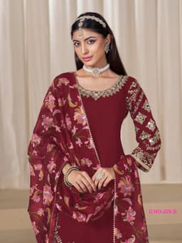 Wine Maroon Embroidered Punjabi Suit with Artistic Floral Dupatta