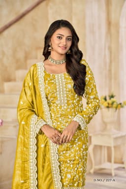 Mustard Yellow Organza Embroidered Suit Set with Crush-Fill Dupatta