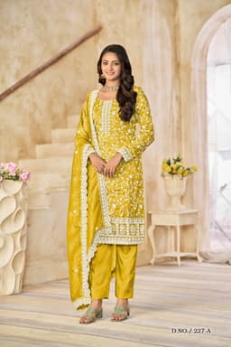 Mustard Yellow Organza Embroidered Suit Set with Crush-Fill Dupatta