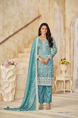Teal Organza Embroidered Salwar Suit with Dupatta