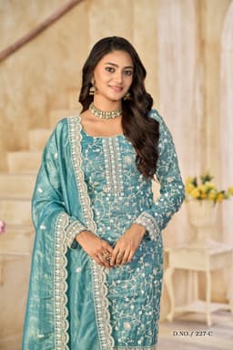 Teal Organza Embroidered Salwar Suit with Dupatta
