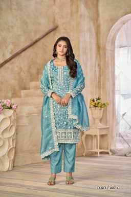 Teal Organza Embroidered Salwar Suit with Dupatta