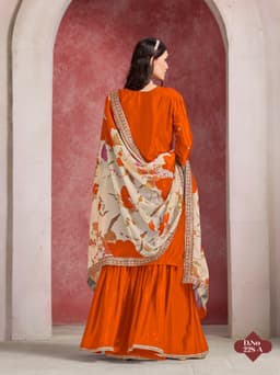 Burnt Orange Premium Chinon Silk Sharara Suit with Printed Taby Silk Dupatta