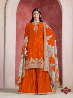 Burnt Orange Premium Chinon Silk Sharara Suit with Printed Taby Silk Dupatta