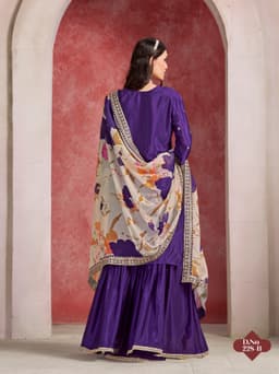 Royal Purple Chinon Silk Sharara Suit with Floral Taby Silk Dupatta