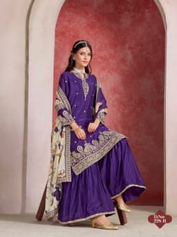 Royal Purple Chinon Silk Sharara Suit with Floral Taby Silk Dupatta
