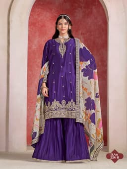 Royal Purple Chinon Silk Sharara Suit with Floral Taby Silk Dupatta