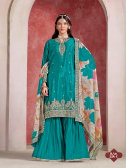 Teal Green Chinon Silk Sharara Suit with Floral Printed Dupatta