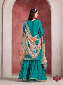 Teal Green Chinon Silk Sharara Suit with Floral Printed Dupatta