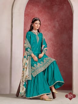 Teal Green Chinon Silk Sharara Suit with Floral Printed Dupatta