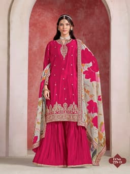 Rani Pink Chinon Silk Sharara Suit with Printed Dupatta