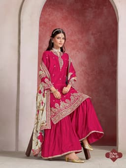 Rani Pink Chinon Silk Sharara Suit with Printed Dupatta