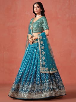 Rama Blue Georgette Lehenga with Zari & Sequin Embroidery