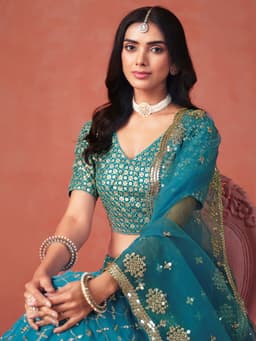 Rama Blue Georgette Lehenga with Zari & Sequin Embroidery