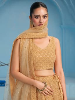 Beige Georgette Engagement & Festive Lehenga with Sequin Embroidery