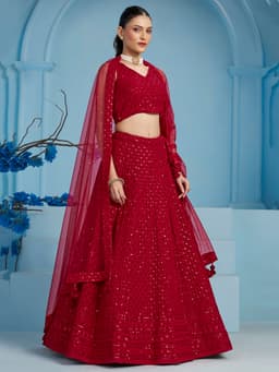 Red Georgette Wedding & Bridal Guest Lehenga with Sequin Embroidery