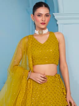 Yellow Georgette Haldi & Mehndi Lehenga with Sequin Work