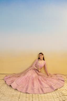 Pink Butterfly Net Engagement & Reception Lehenga with Thread Embroidery