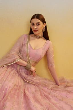 Pink Butterfly Net Engagement & Reception Lehenga with Thread Embroidery